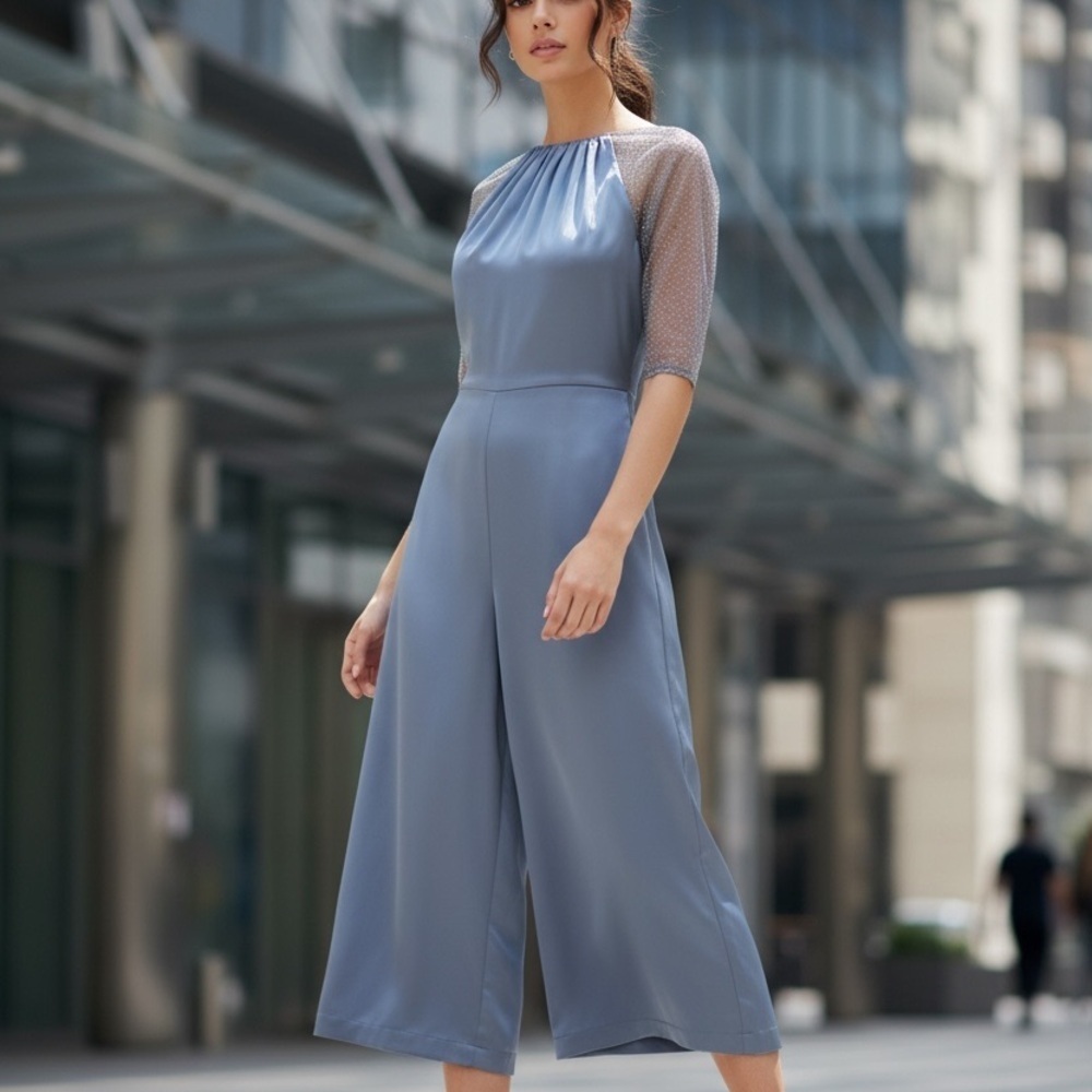 J S Collections Leila Sheer Crop Blue wide leg Jumpsuit New Size 8